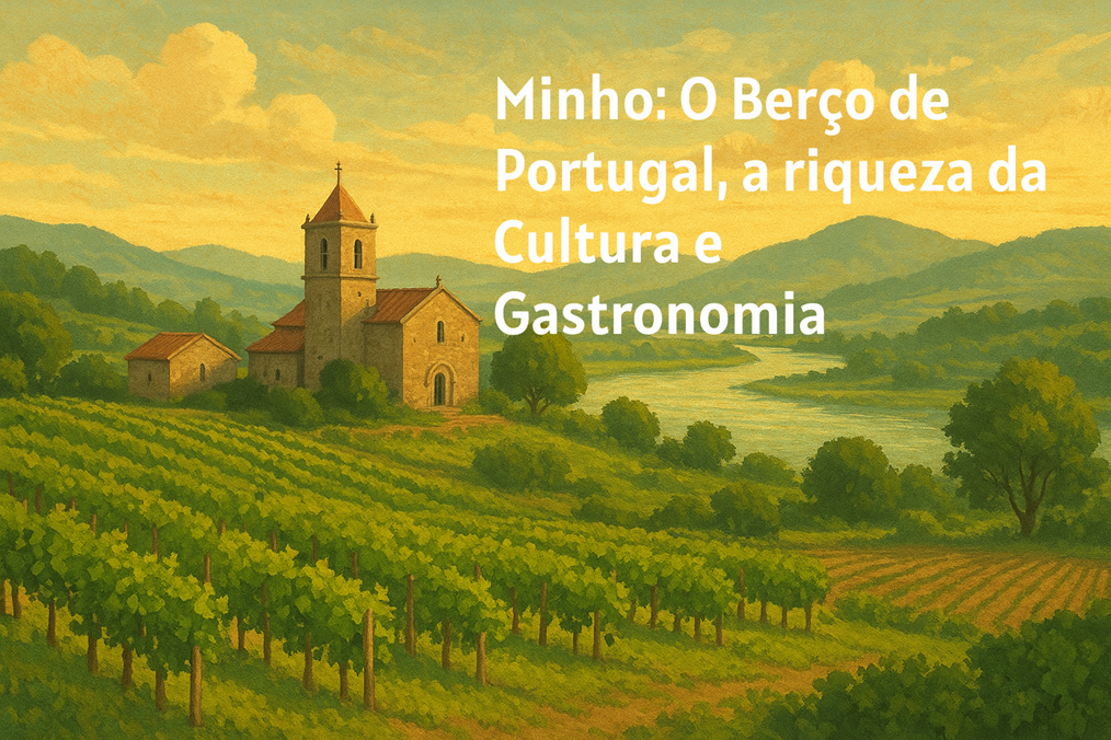 Paisagem do Minho com vinhas verdes, uma pequena igreja de granito e montes ao fundo sob luz dourada de fim de tarde.