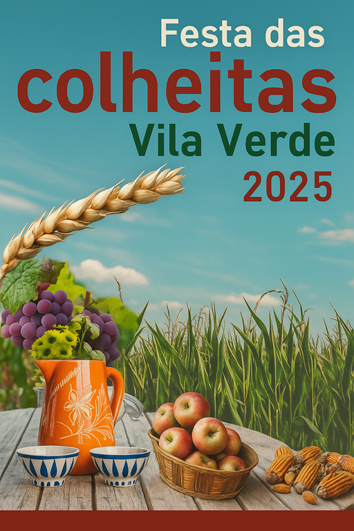 Cartaz da Festa das Colheitas de Vila Verde 2025 com elementos agrícolas, frutas, vinho e artesanato minhoto