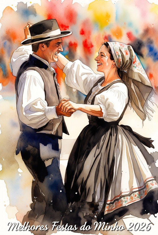 Casal de dançarinos de folclore minhoto em plena dança tradicional durante as festas do Minho 2026