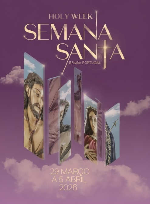 Semana Santa em Braga 2026: procissões e imagens religiosas com painéis de figuras sagradas e nuvens ao fundo